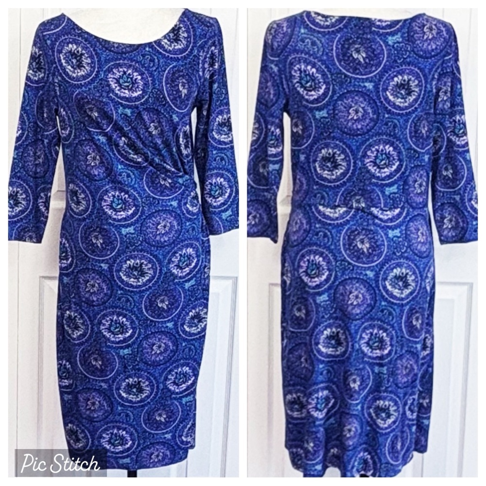 Talbots Blue & Purple Print Knit Faux Wrap 3/4 Sleeve Sheath Dress Medium